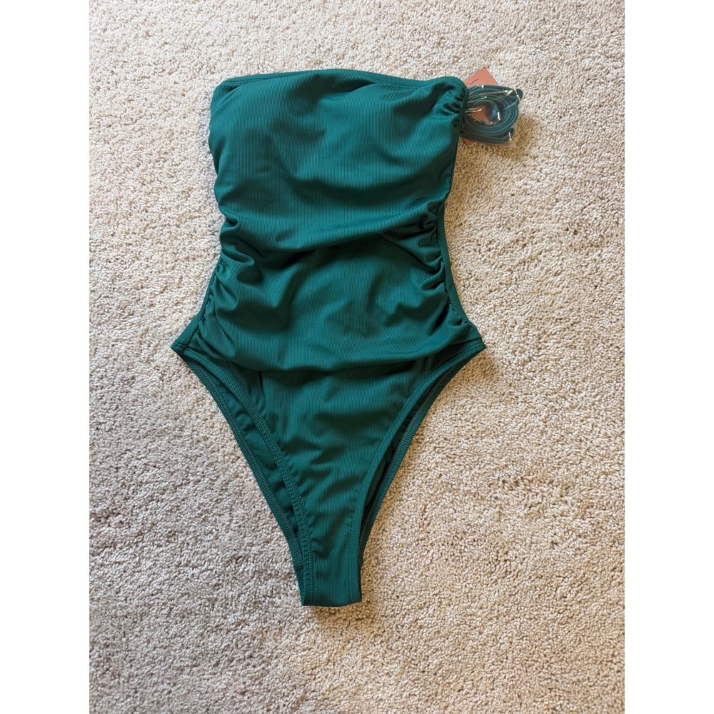 Shade & Shore Women XS Dark Green One Shoulder High Leg Cheeky Swimsuit NWT